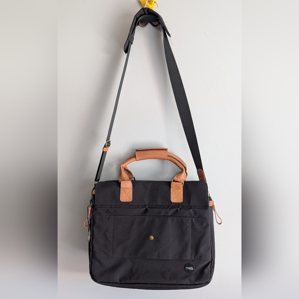 PKG | Black XPKG Travel Laptop Bag, Tan Faux Leather Handles